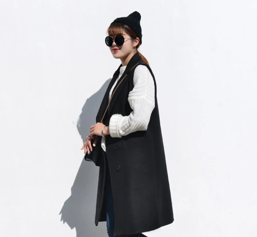 Двубортный зубчатый длинный жилет однотонный Длинный женский хаки с карманами