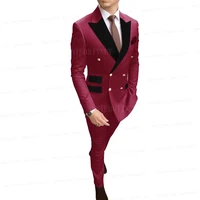 burgundy mens wedding suits slim fit groom best man tuxedo double breasted jacket for men black velvet lapel blazer pants 2pcs
