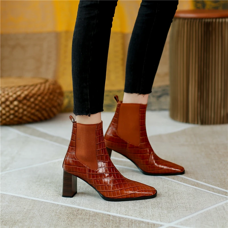 

Insicre 2021 Winter Women Ankle Boots Pointed Toe Cow Leather Patchwork Thick High Heel Shoes Stone Pattern Brown
