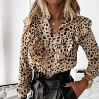 women summer leopard print ruffles blouses shirt 2021 stand collar long sleeve work shirt lady elegant loose office blouses tops