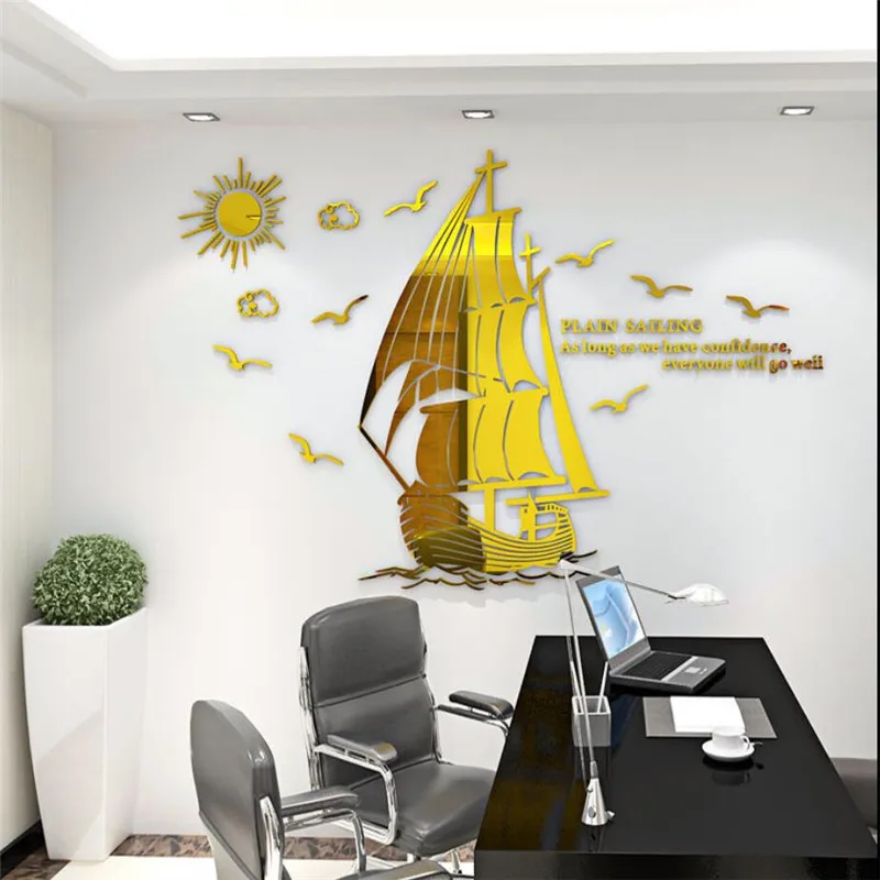 Синий узор с лодкой 3D Наклейка на стену декоративные настенные наклейки для