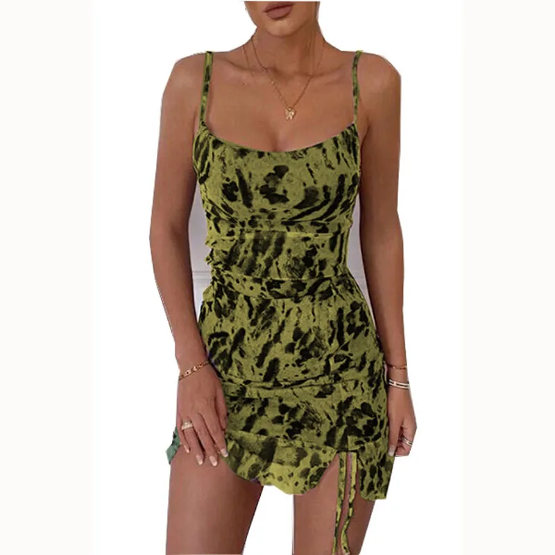 

2021 Fashion Women Dress Leopard Printed Ruched Bodycon Mini Dress Sexy Summer Spaghetti Strap Party Maxi Dresses for Women Robe