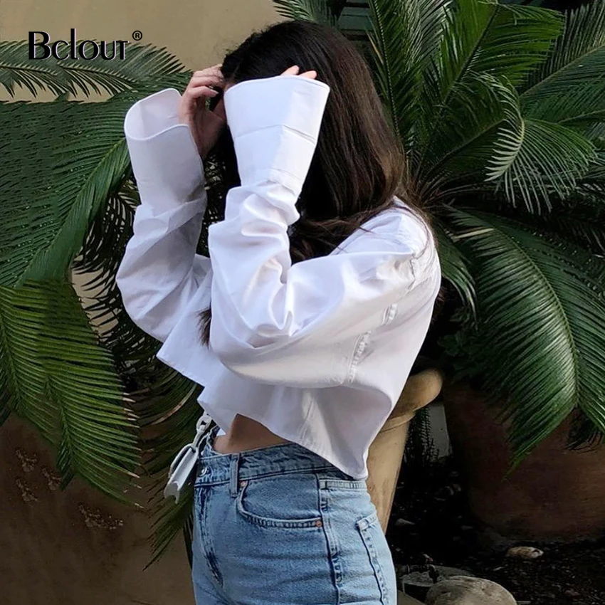 

Bclout Street Turn Down Collar Short Women Shirts Summer Loose Long Sleeve Solid Crop Tops Female Single Breasted Fashion Blouse