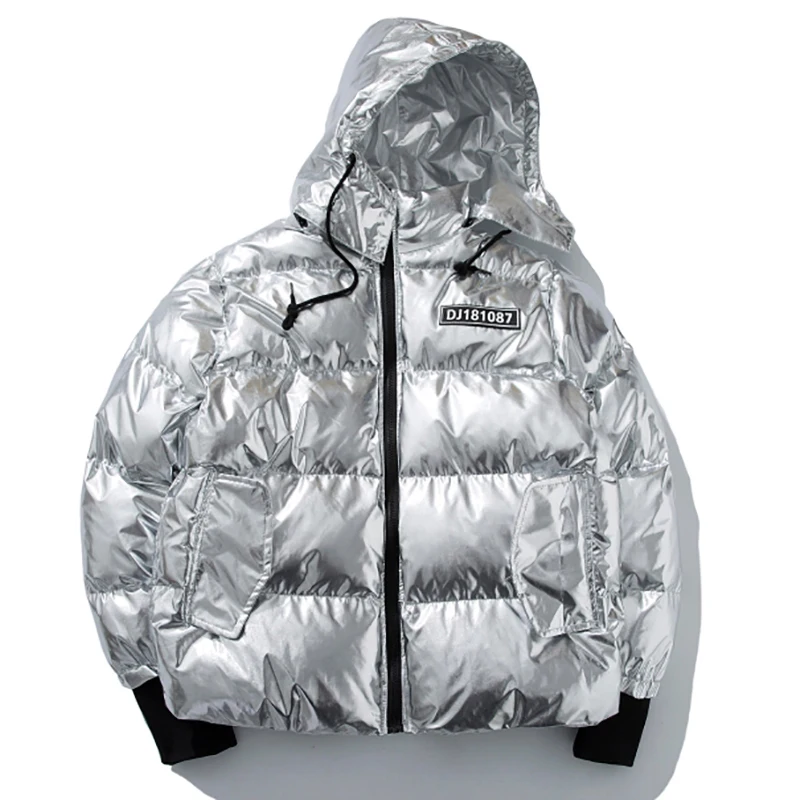 Яркая Цветная куртка с рисунком Мужская Серебристая зимняя парка капюшоном