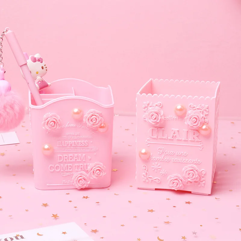 Pink Carve Cosmetic Brush Storage Box Holder Makeup Skin Care Rack Mobile Phone Stationery Organizer Container Pencil Bucket Bin