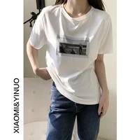 yg brand womens wear fashionable short sleeve t shirt 2021 new simple loose round neck printed white top