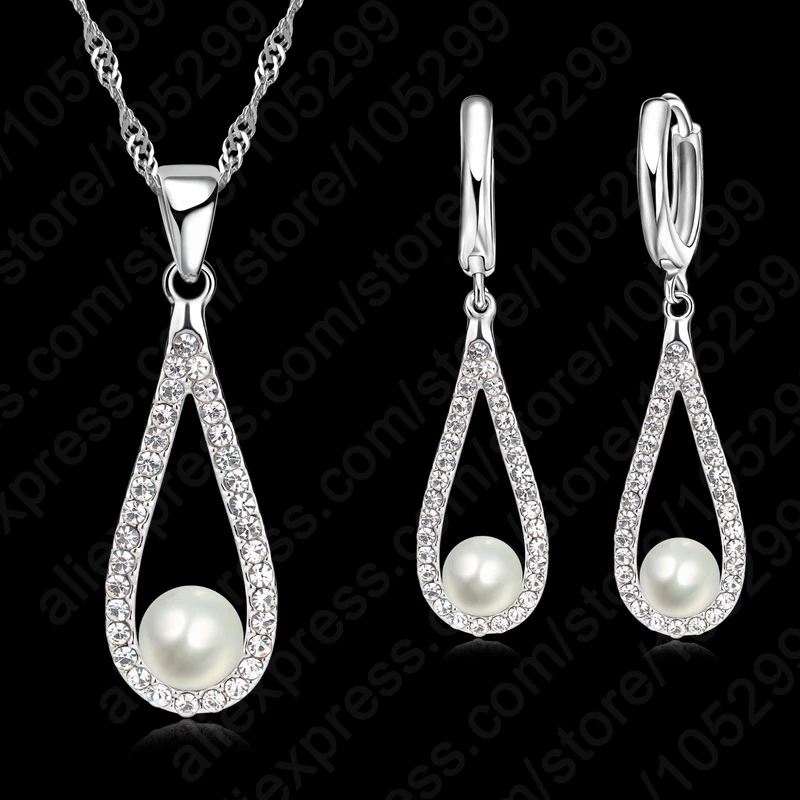Genuine 925 Sterling Silver Shiny Crystal Water Drop Pearl Necklace Earrings Jewelry...