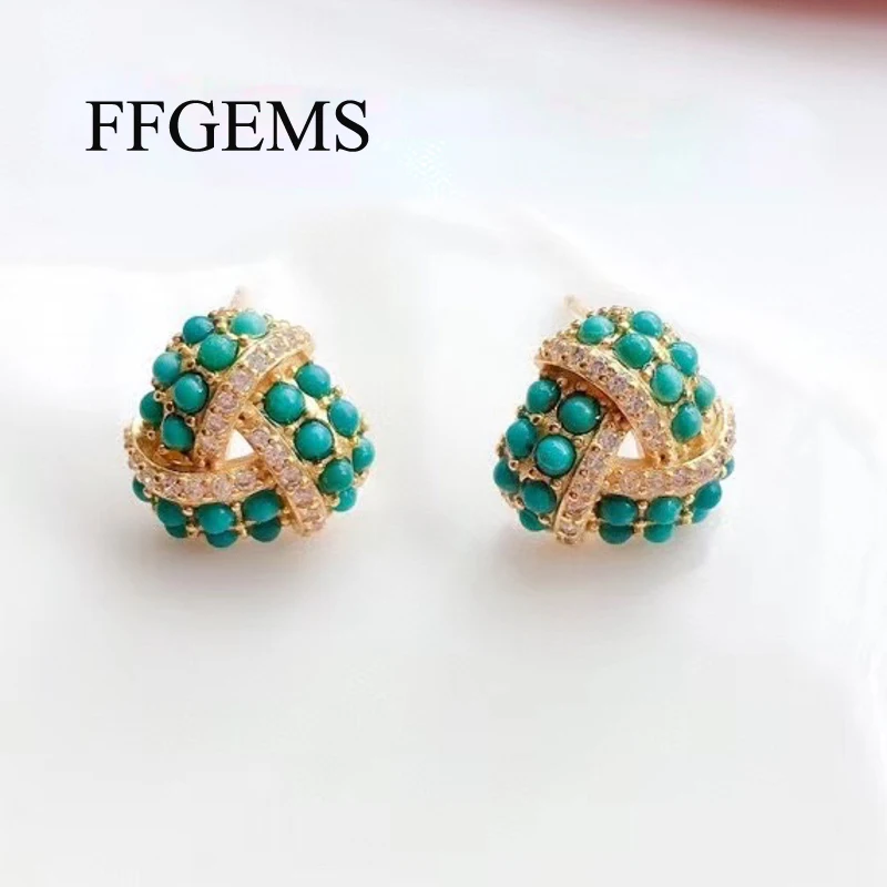 Женские серьги гвоздики из серебра 100% пробы с натуральным бирюзовым