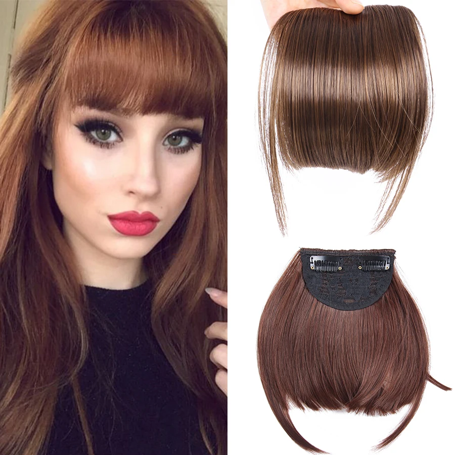 

AliLeader Synthetic Neat Front Fringe Clip On Bangs Hairpiece Black Brown Blonde Natural Soft Bang Hair Extensions for Women
