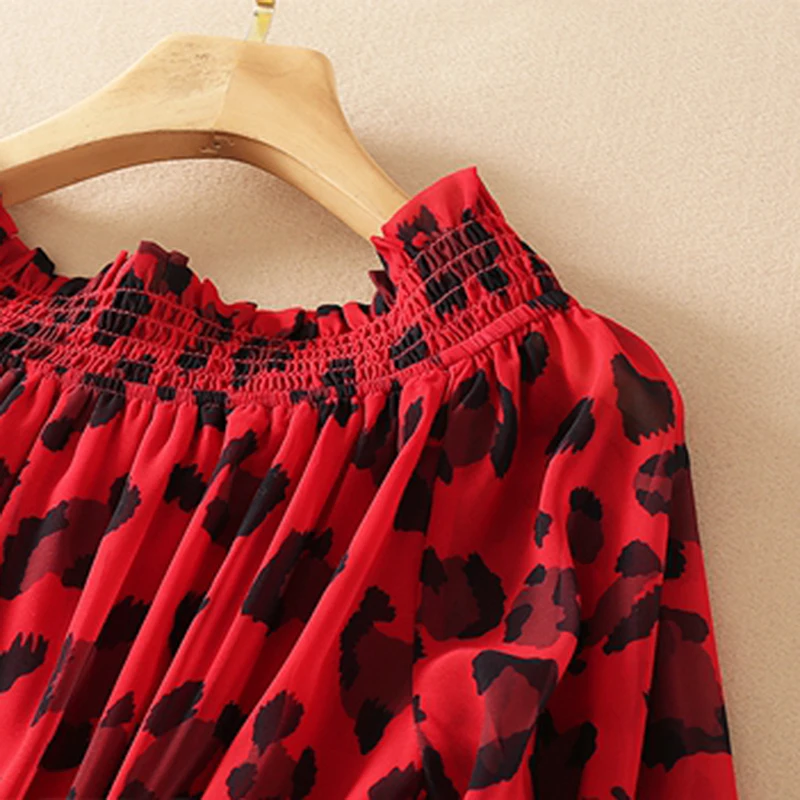 

VGH Print Leopard Vintage Dress For Women Stand Collar Long Sleeve High Waist Midi Dresses Female 2020 Autumn Fashion New Tide