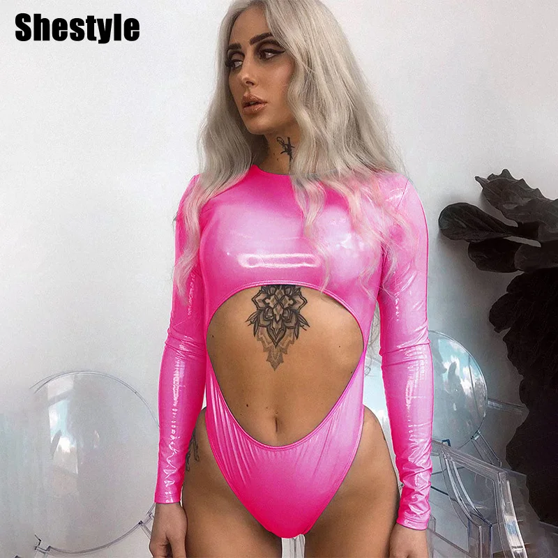 Shstyle открытые Розовые боди из искусственной кожи женские Сексуальные облегающие