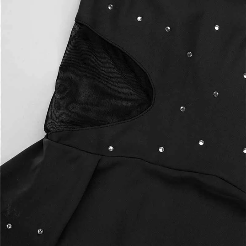 Kid Girls Sleeveless Sparkly Rhinestone Cutout Back Mesh Splice Leotard Dress for Modern Contemporary Ballroom Dance Performance |