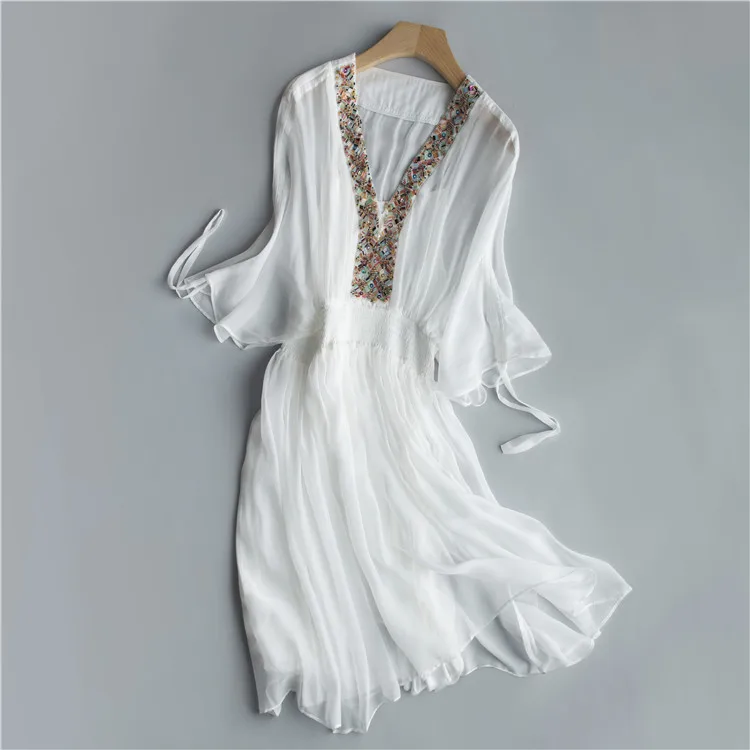 Летнее платье из 100% натурального шелка женское в стиле бохо винтажная одежда