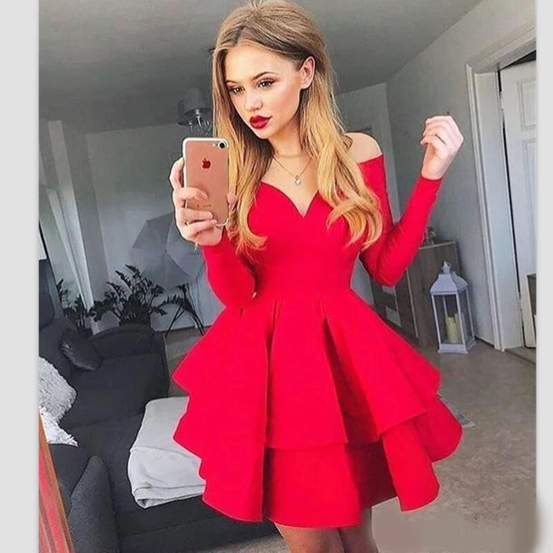 Charming Red Long Sleeves Homecoming Dresses Long Sleeves Bateau Neck Zip Back Mini Length Satin Cheap Party Dresses