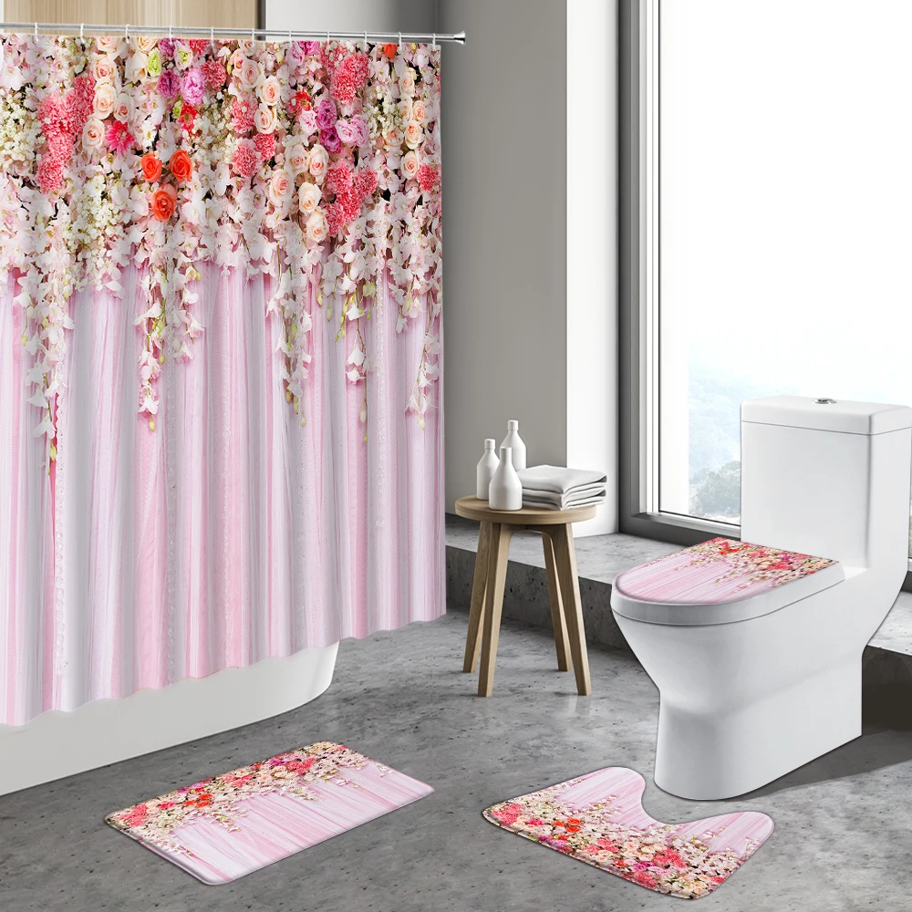 

Pink Flower Shower Curtain Plant Leaf Dandelion Butterfly Home Decor Bathroom Non-slip Carpet Toilet Lid Bath Mat Indoor Rug Set