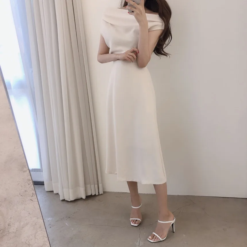 

Leiouna Sexy & Club Sleeveless Solid Color Spring Women Elegant Slash Neck White Vestidos Business Party Bodycon Female Dress