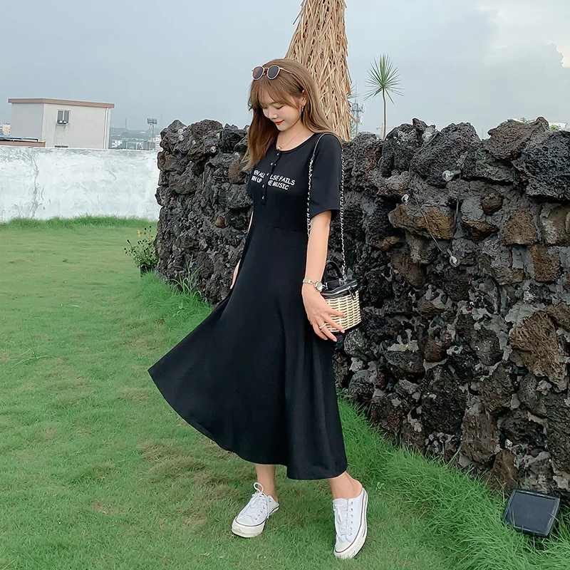 Платье летнее новое для полных женщин большого размера в стиле преппи с английской надписью "Лучшее подружка" и определенной талией 7063.