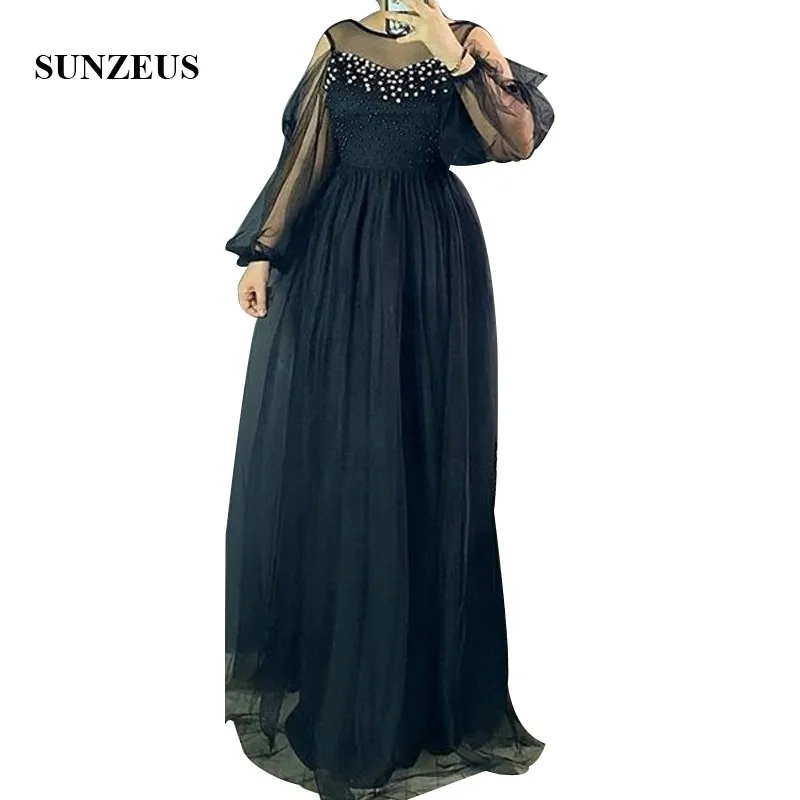 

2020 Fall Full Sleeves Black Tulle Groom Mother Dress With Pearls Bridal Mum Gowns For Wedding Guest Women Party Robe