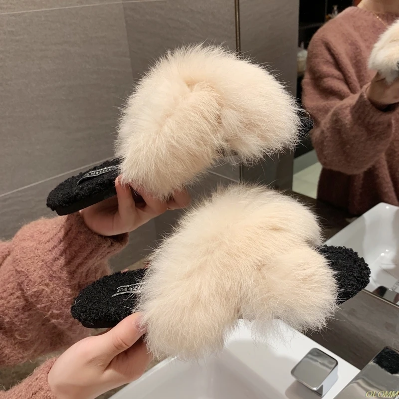 

Winter Women Warm Faux Fur Home Slippers Ladies Cross Soft Plush Furry Female Open Toe Women's House Shoes Fashion Woman Slides