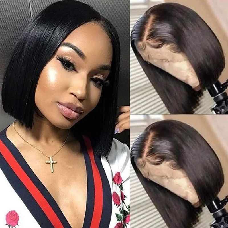 Short Bob Wigs Brazilian Lace Front Human Hair Straight Cut Remy Pre Plucked Middle Part For Women | Шиньоны и парики