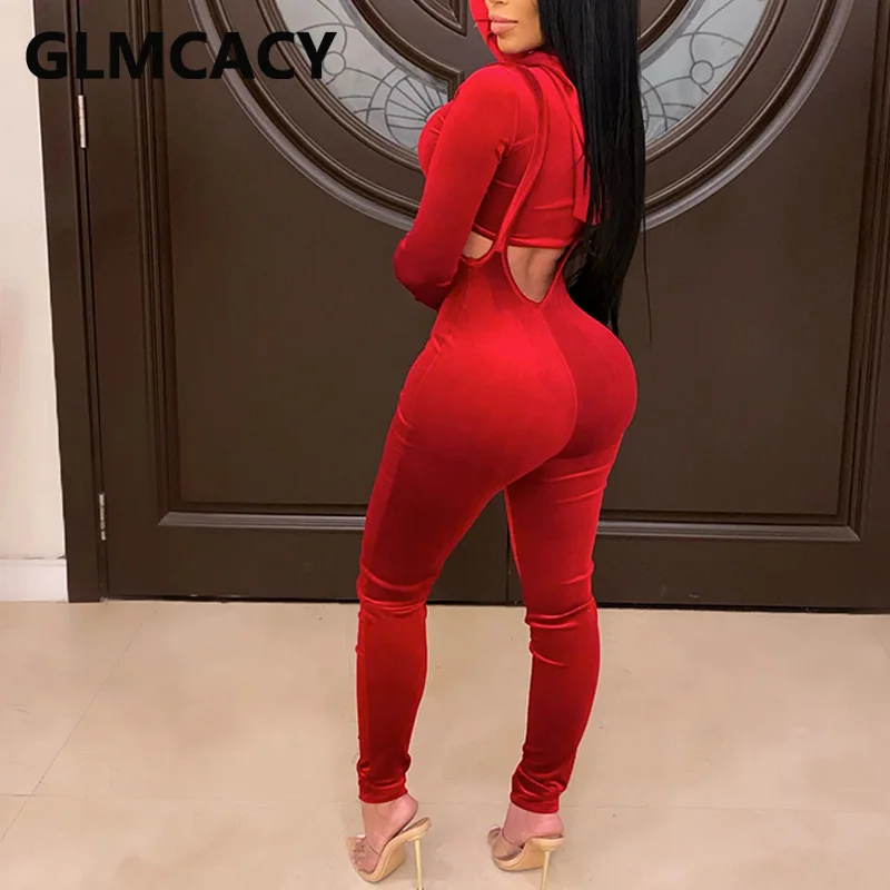

Women Solid Two Piece Velvet Suits Long Sleeve Hooded Crop Top & Bib Overalls Set