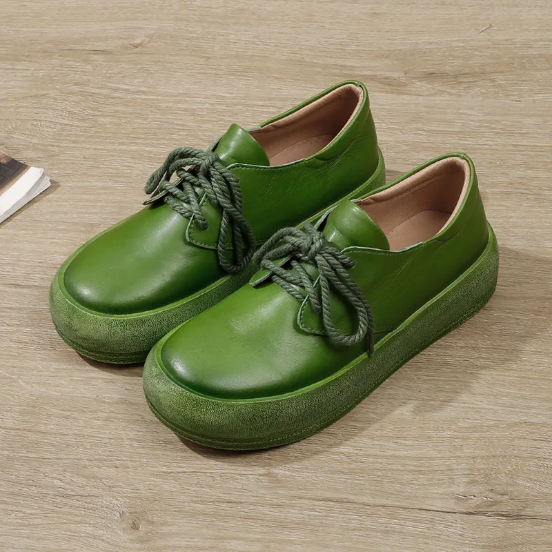 

2021 New Genuine Leather Platform Shoes Women Green Fashion Casual Shoes Thick Heel Handmade Leisure Lacing Ladies Shoes INS