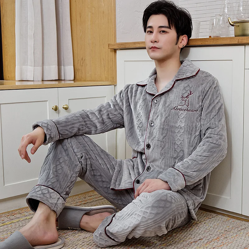 Thicken Casual Flannel Sleep Suit Warm Home Clothes 2PCS Pajamas Suit Men Autumn Winter New Sleepwear Nightwear Shirt&Pants