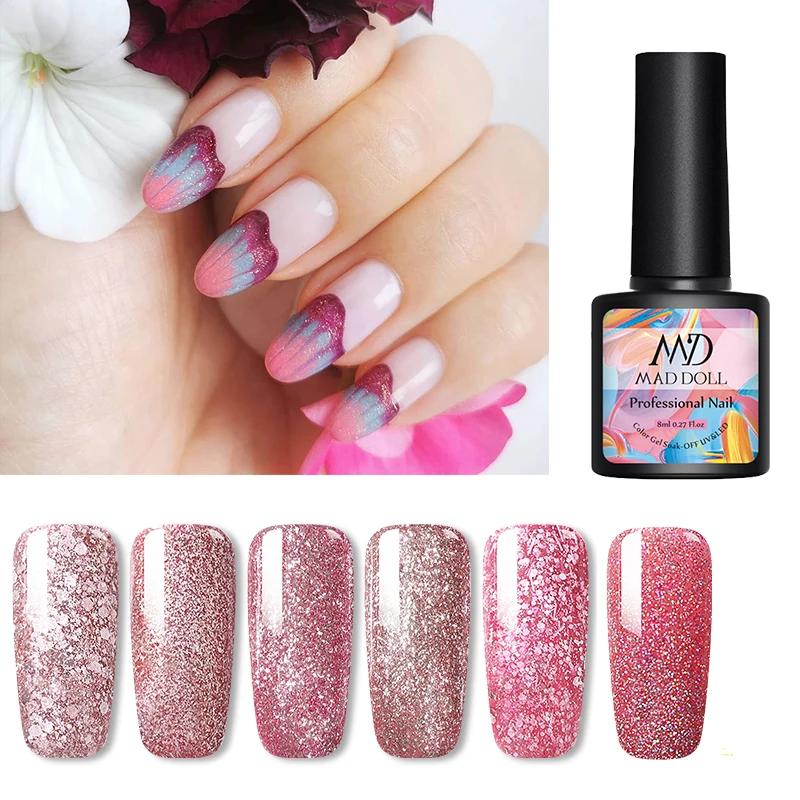 УФ гель для ногтей MAD DOLL серия розово золотого цвета с блестками долговечный