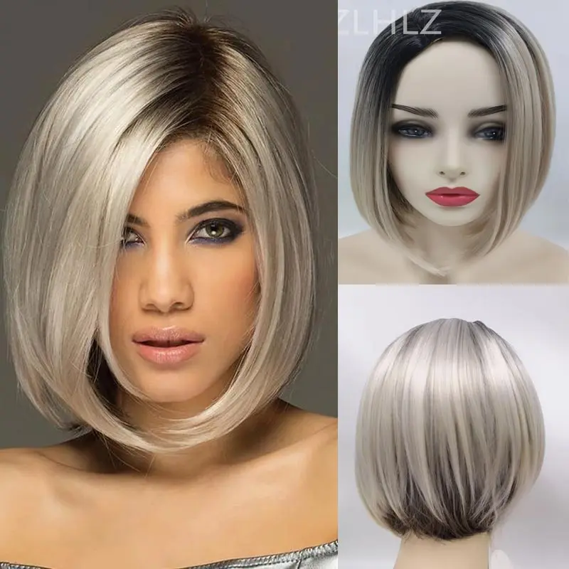 Short Bob Wigs for Women Short Straight Hair Wigs Black Roots Ombre Blonde Wig Bob Hairstyle Heat Resistant Synthetic Party Wig