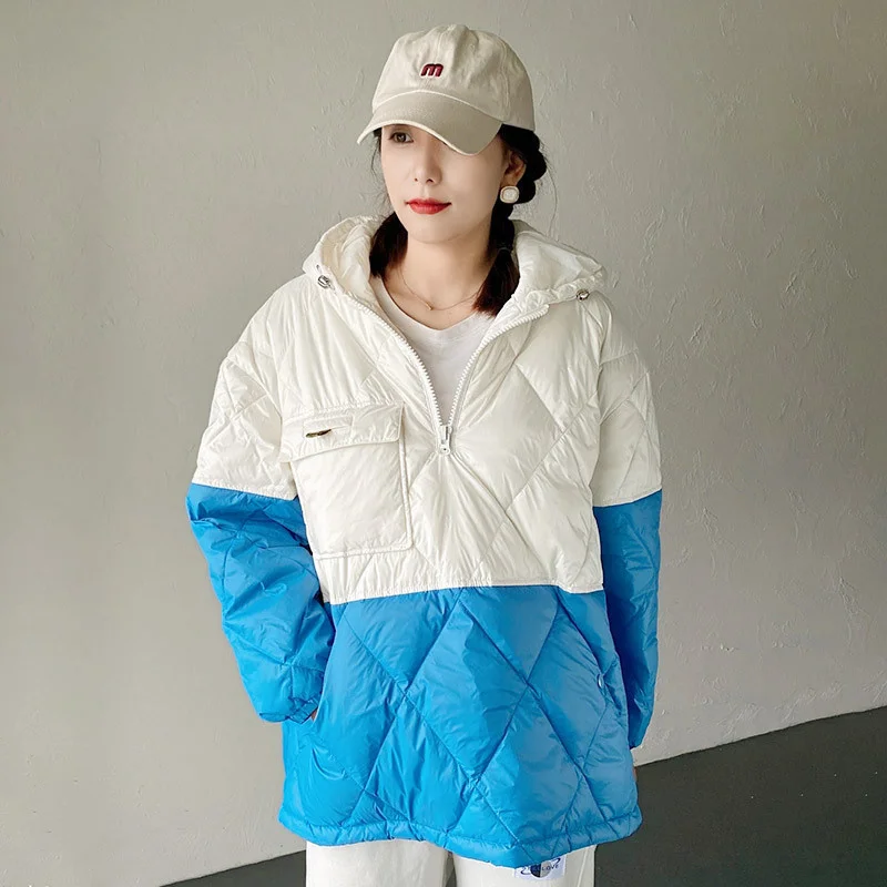 Fashion White Blue Hooded Padded Coat Loose Warm Down Jacket Female Zippers Casual Tops Korean  2021 Womens Pockets Yalabovso