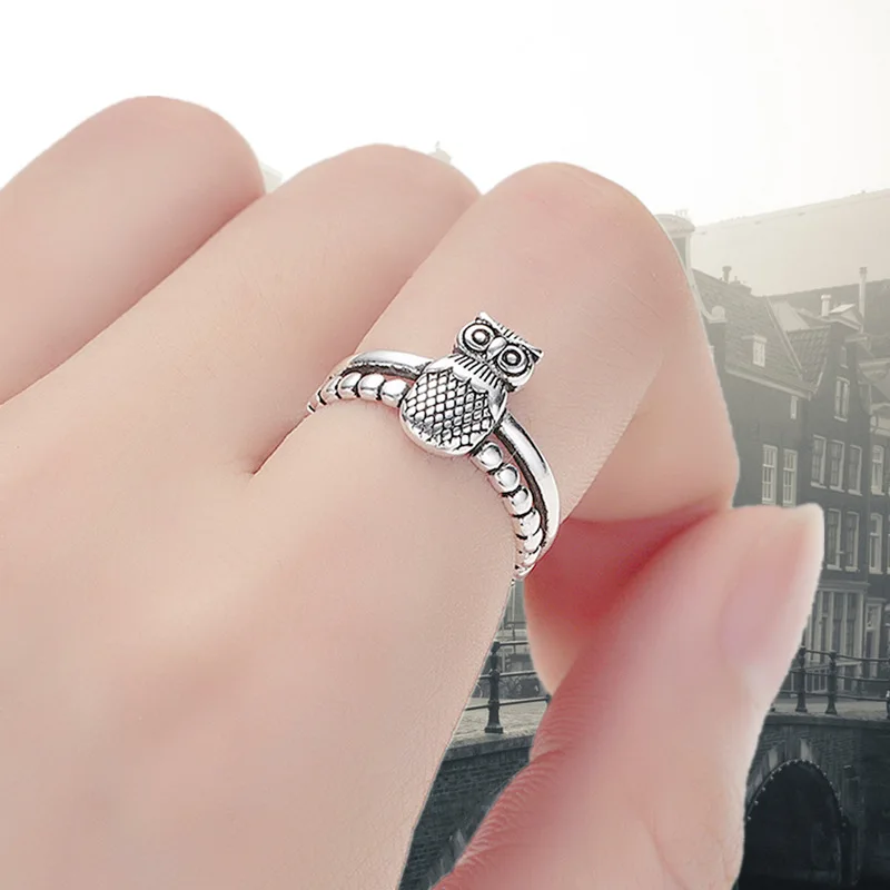 

Milangirl Hot Sale Vintage Ancient Silver Color Owl Animal Female Metal Opening Copper Ring for Women Party Jewelry Accessories