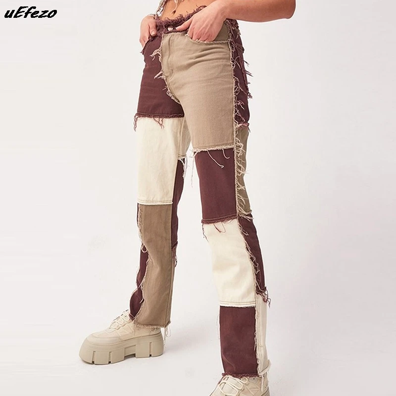 Джинсы женские прямые в стиле пэчворк с высокой талией и карманами|Прямые джинсы|