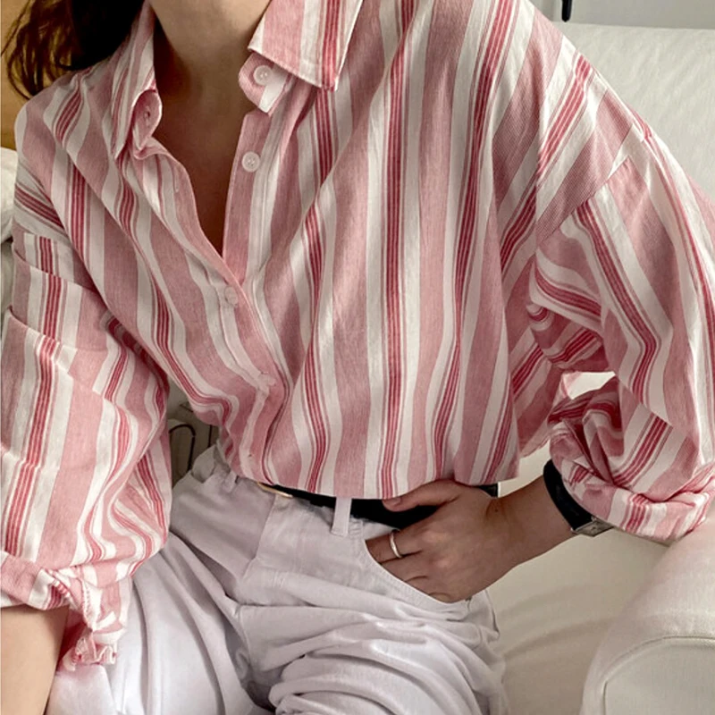 

ONALIPPA Women Shirt 2021 Autumn Korean Chic Casual All-Match Lapel Contrast Color Stripe Design Loose Single-Breasted Blouses