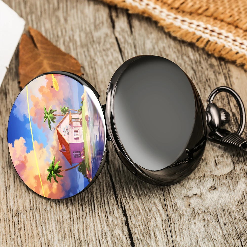 

Island Cottage Pattern Pocket Watch with Alloy Rough Chain Dial Arabic Numerals Pendant Watches Gift Present for Friend