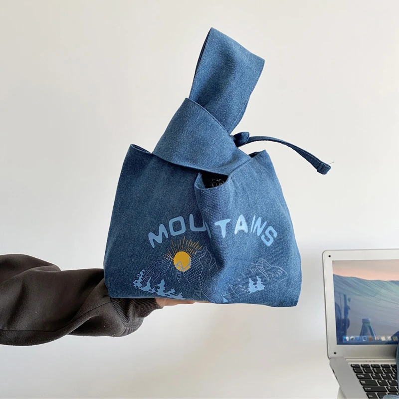 

Japanese Style Denim Wrist Bag For Girls Mini Concise Lunch Box Tote Food Bags 2022 Korean Designer Female Pouch Purse Phone 245