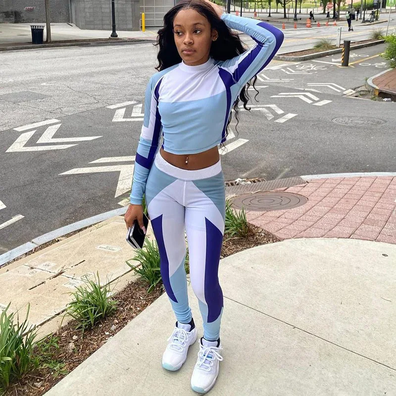 

Autumn Color Blocking Two Piece Set Women Simple Style Casual Activwear Long Sleeve Top+Sheath Body-Shaping Female Pants Outfit
