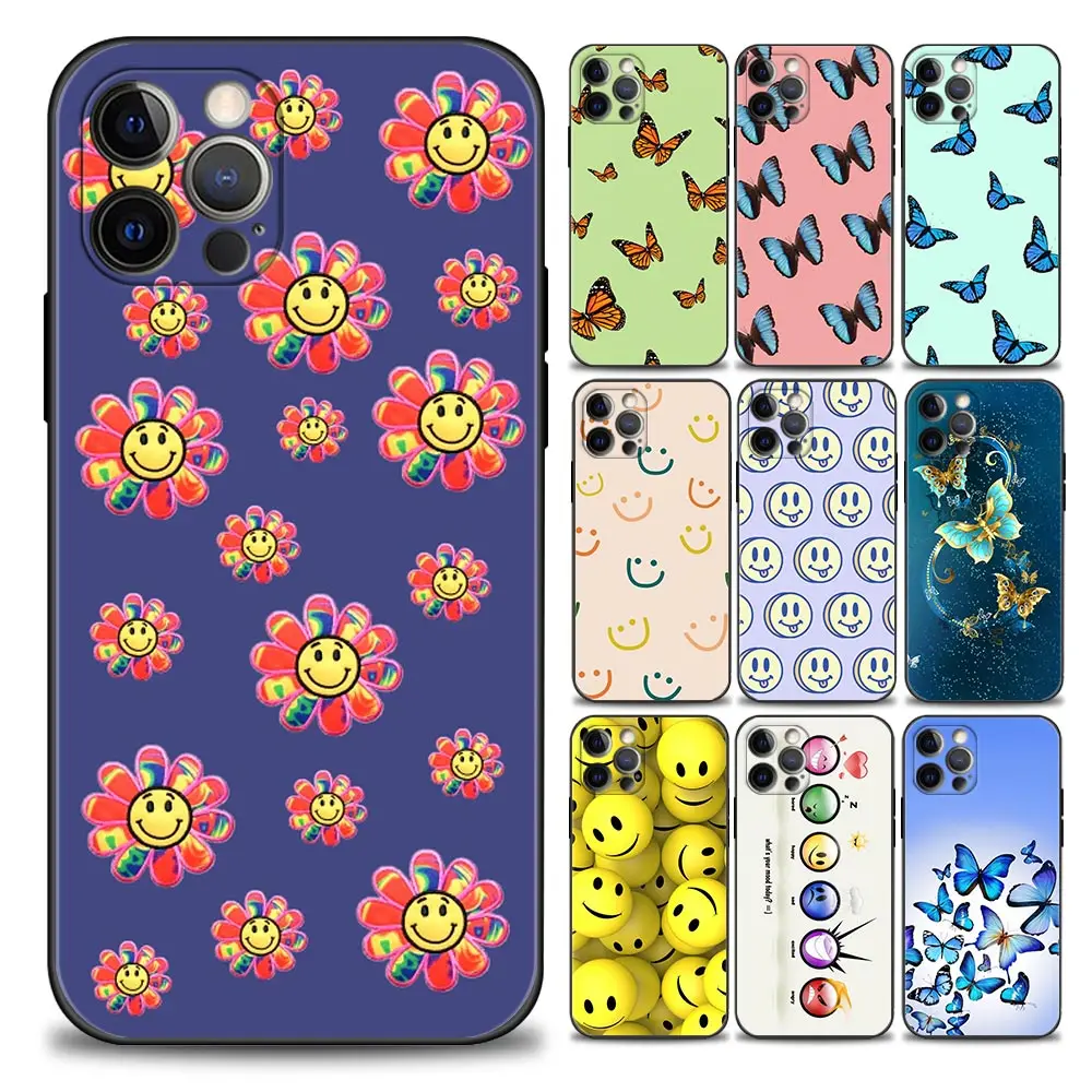 

Smile Face and Butterfly Phone Case for iPhone 11 12 13 Pro Max 7 8 SE XR XS Max 5 5s 6 6s Plus Soft Silicone Cover Coque Funda