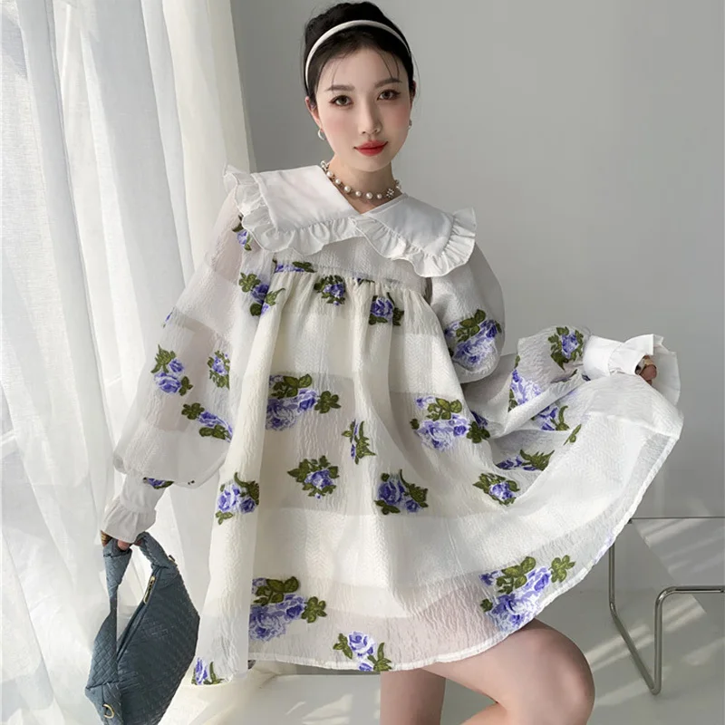 

LANMREM Women Ruffled White Print Mini Dress Turn-down Collar Long Sleeve Loose Fit Fashion Tide autumn winter 2021 2P2587