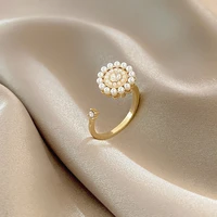 fashionable high grade rotatable zircon ring light luxury simulation pearl opening adjustable ring elegant jewelry gift