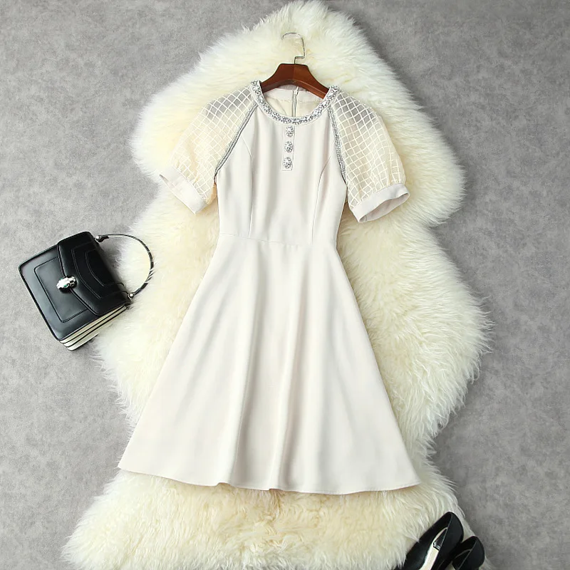 

Mini Dress Woman Summer 2021 New Round Neck With Diamonds Short Sleeved Simple Patchwork Slim A-Line Beige Dress Above Knees