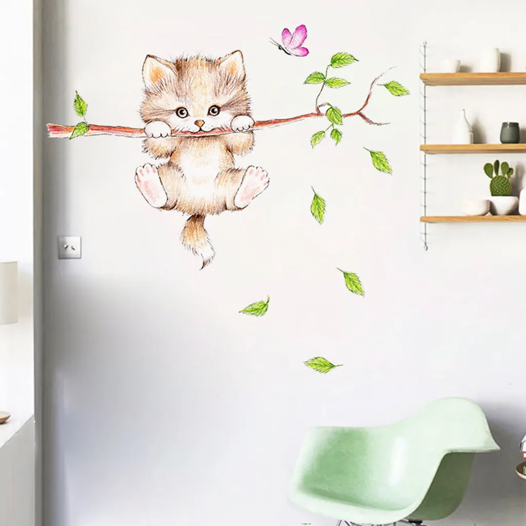 Мультяшные милые кошки весенние зеленые листья Наклейка на стену для детской