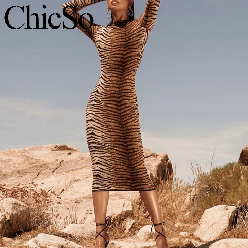 MissyChilli тигровый принт платье с длинным рукавом женское элегантное облегающее