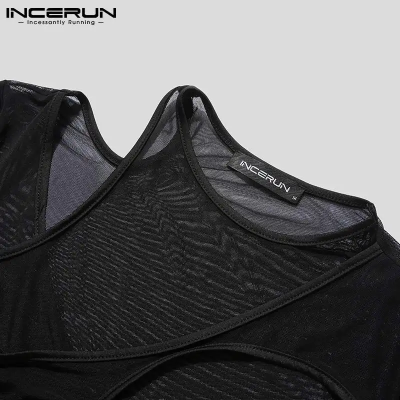 INCERUN Fashion Casual New Men Long Sleeve Triangle Rompers Breathable Mesh Sexy Leisure Patchwork Hot Sale Bodysuits S-5XL 2023