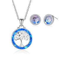 trendy jewelry set cute tree design blue imitation fire opal pendant necklace with earrings for women charm wedding lover gift