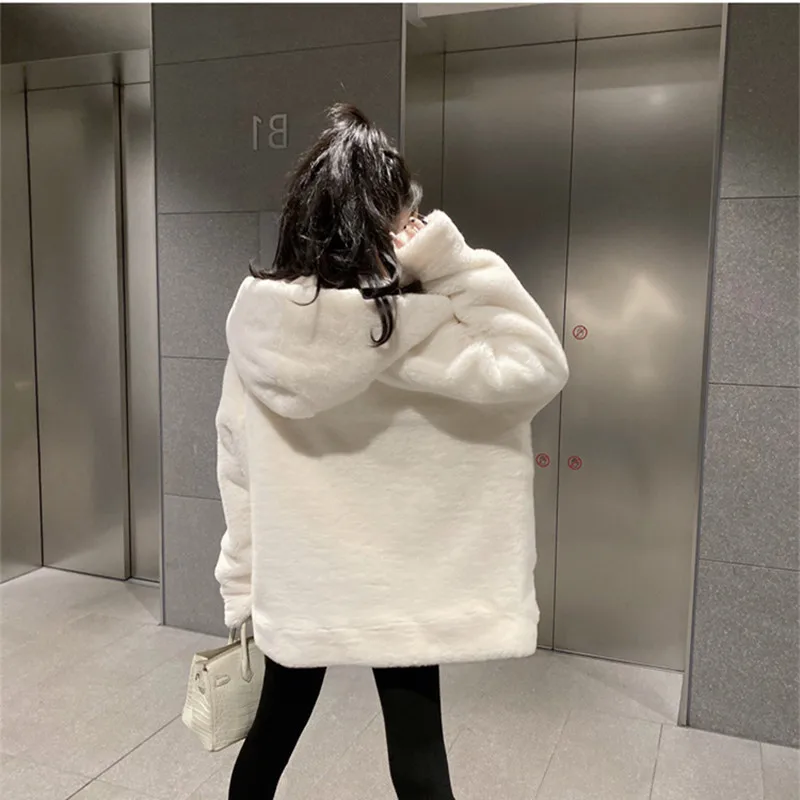 

Female Winter Jacket Hooded Ccollar Zipper Women Jacket Faux Rabbit Fur Women Coat Warm Thick Plush Long Loose Winter Coat Women