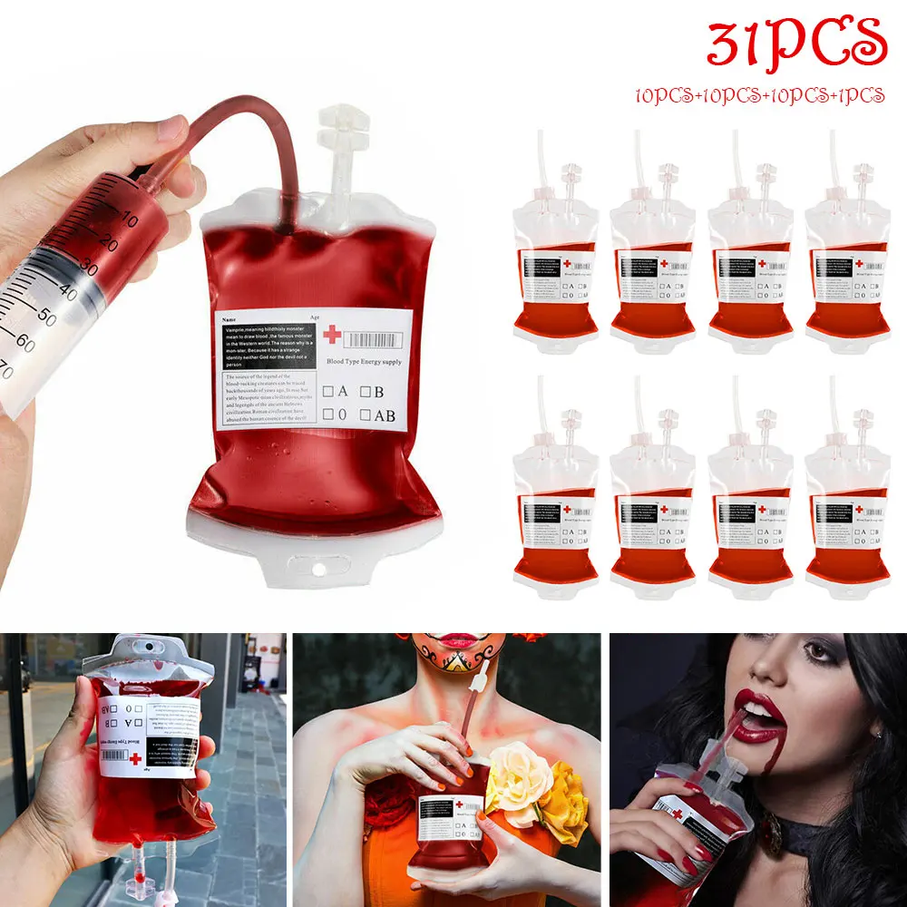 

31PCS Halloween Cosplay Party Blood Bag Container Drink Bag Vampire Props Fruit Juice Blood Drinking Pack Beverage Bag Decor