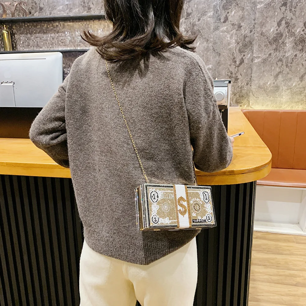 

Stack Of Cash Crystals Women Money Evening Clutch Bags Diamond Painting Chain Wedding Party Dinner Purses And Handbags Luxury