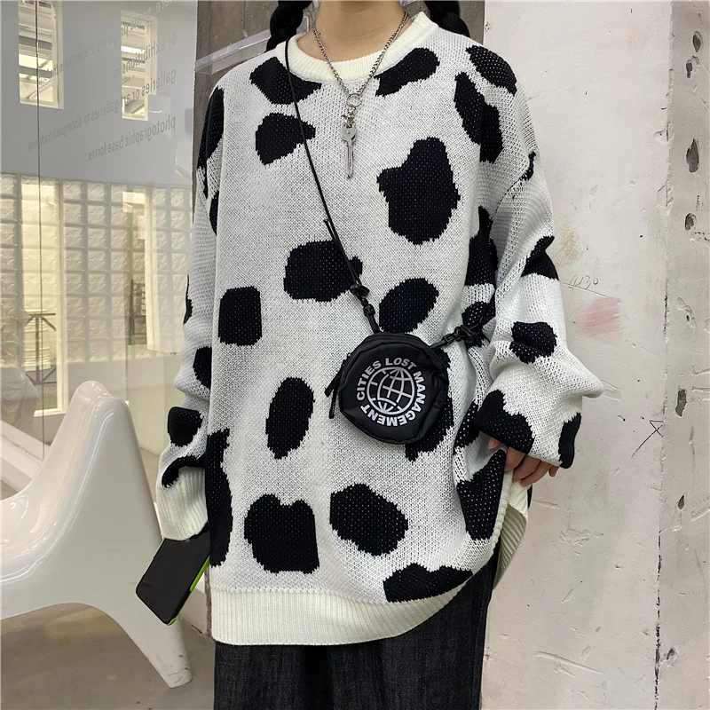 

Autumn and winter new female Harajuku style cow pattern bf loose pullover knitted sweater
