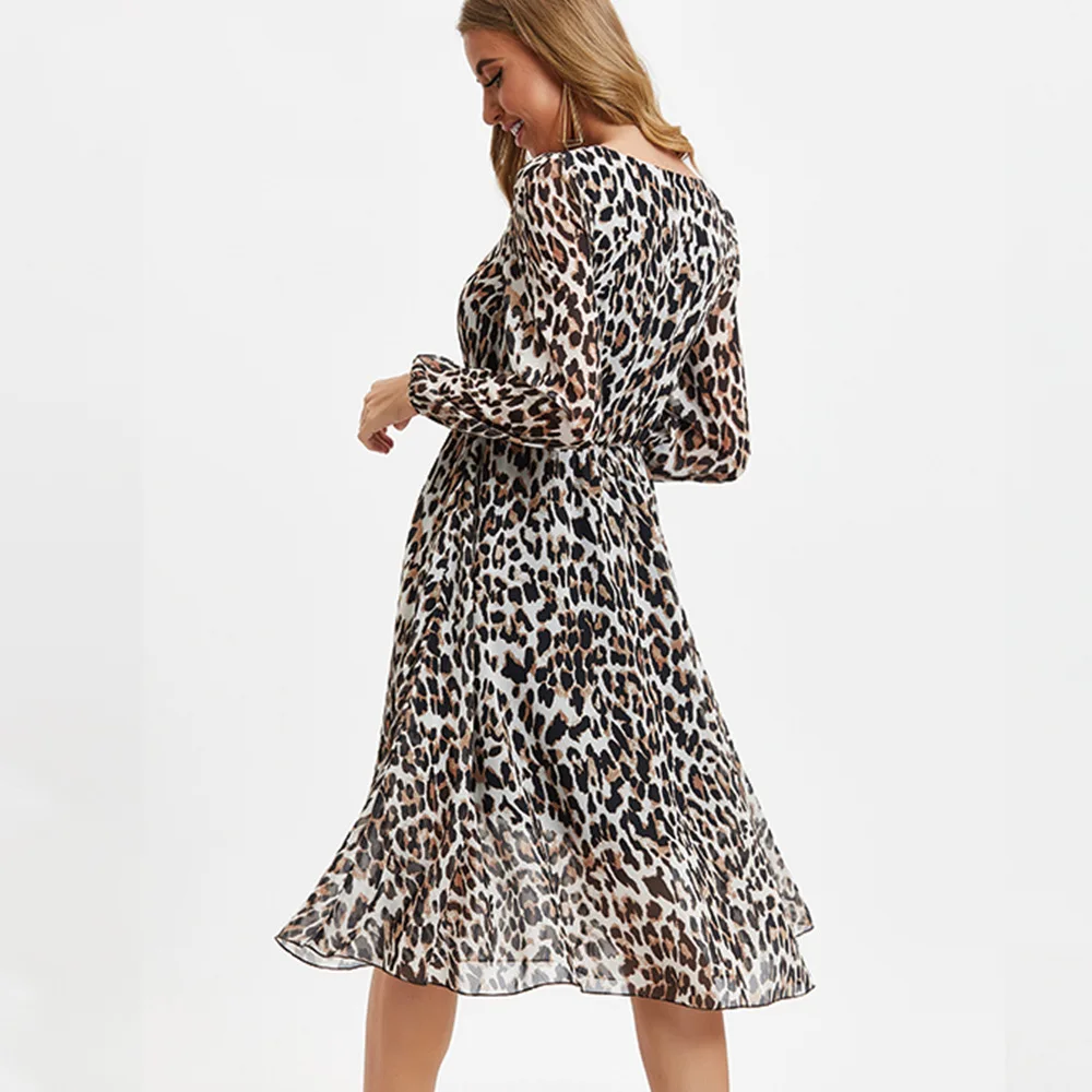 

2020 Summer Women's Long Sleeve Round Collar Leopard Print Waist Medium-length Dress Large Size Women Dresses