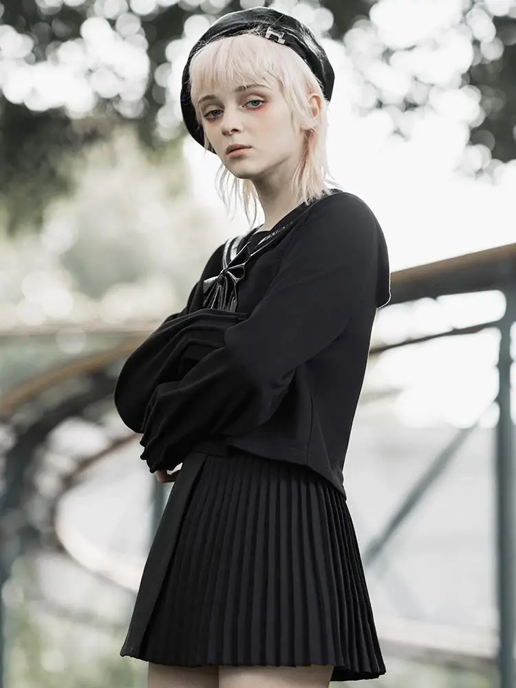 Панк рейв женская с длинными рукавами матросский воротник PU бантом Толстовка PT